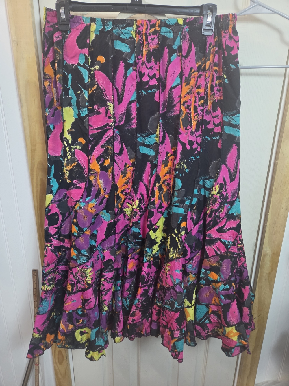 Retro Vintage Abstracy Print Midi Skirt Ruffle Hem Black Fuchsia, Teal & Orange